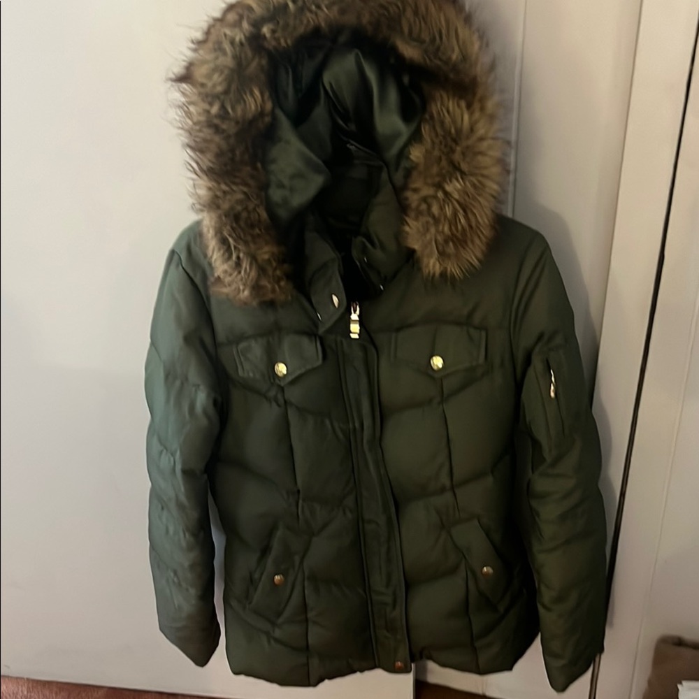 Green Puffer Jacket with Faux Fur Hood